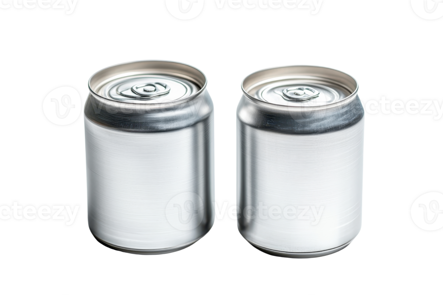 Two blank silver soda cans on transparent background. Minimalistic design perfect for branding or product mockup. png