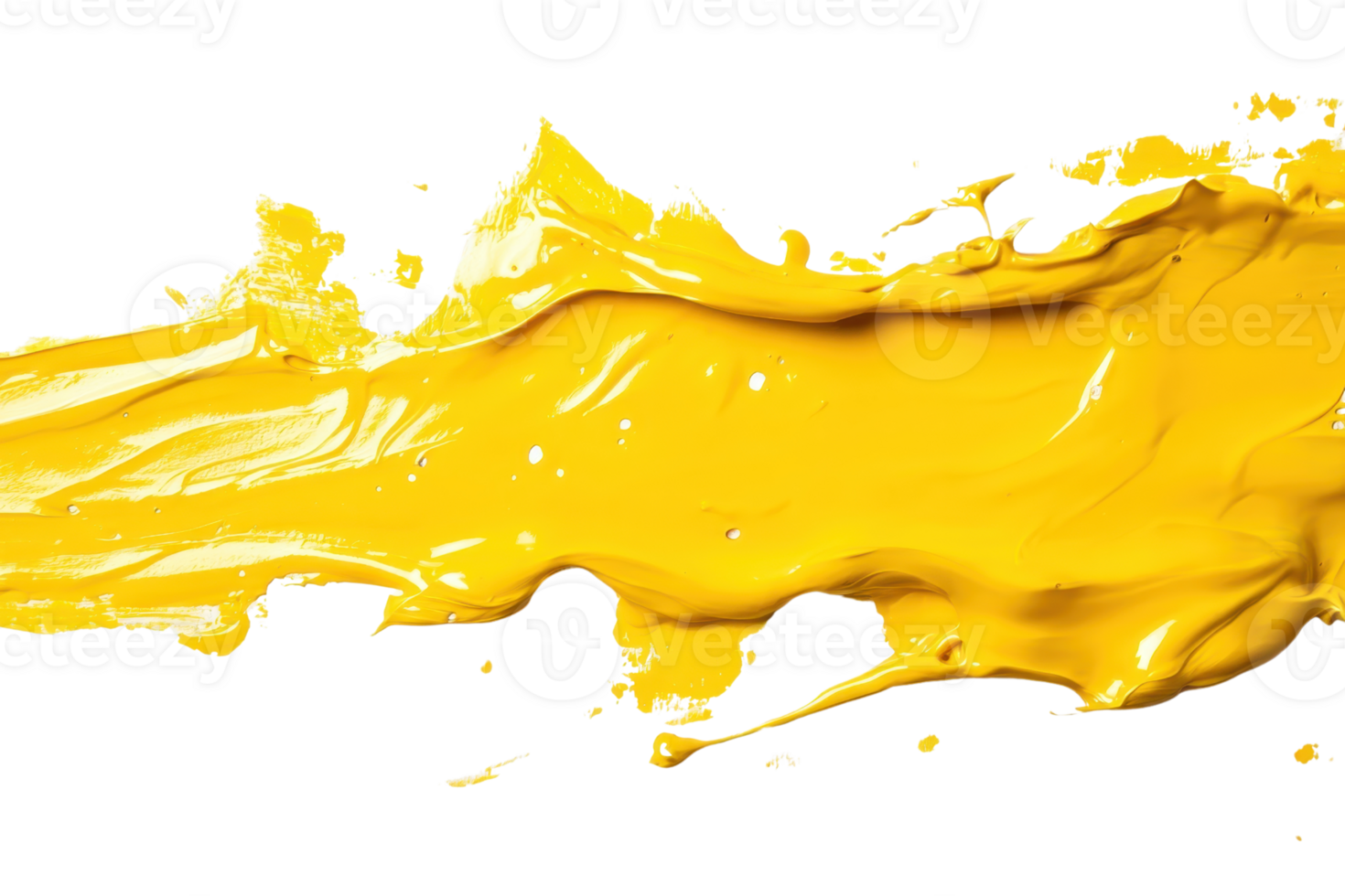 Close-up of vibrant yellow paint splash isolated on transparent background. Dynamic paint strokes and splatters for creative design. png