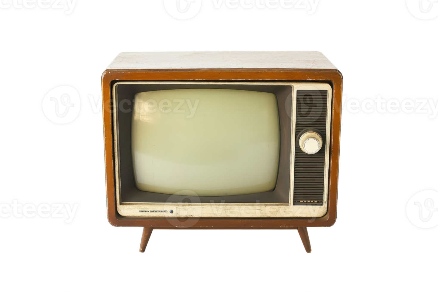 Vintage retro television set with wooden surround and analog knob, isolated on transparent background. for nostalgic media and decor purposes. png