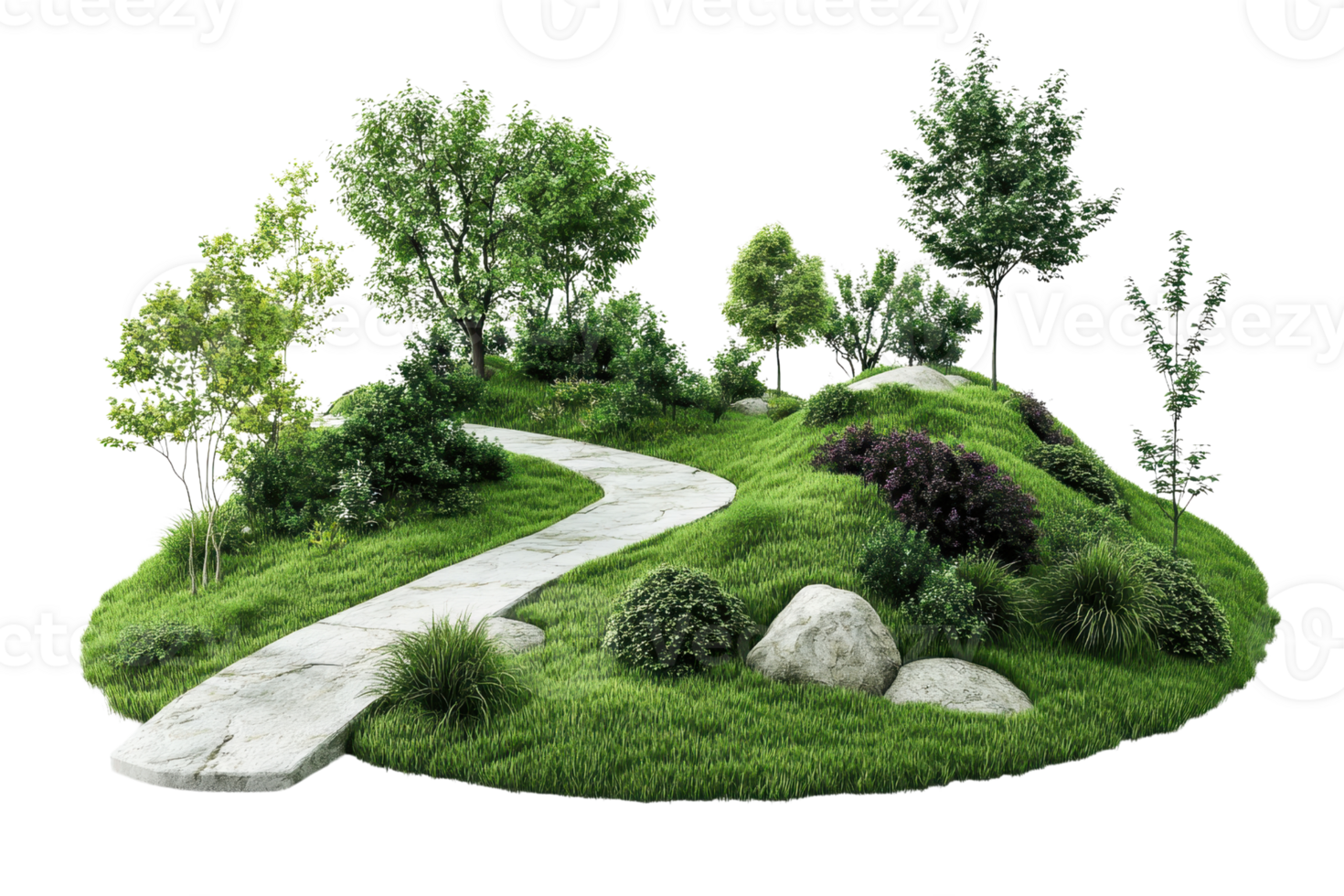 Serene path winding through a lush, green landscape with trees, shrubs, and rocks. Ideal for nature and garden-themed projects. png