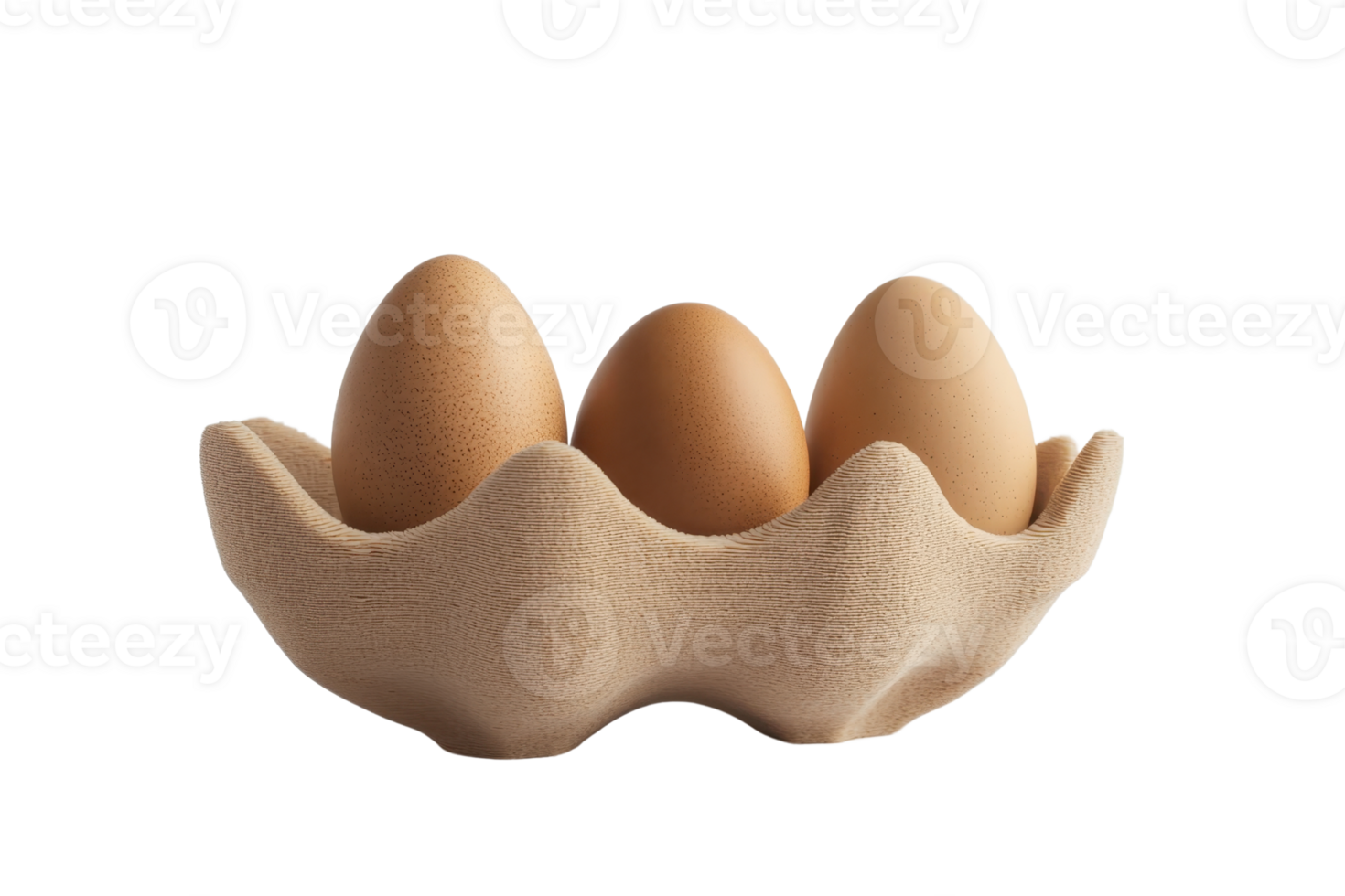 A close-up image of three brown eggs in an eco-friendly cardboard carton on a transparent background. highlighting freshness and simplicity. png