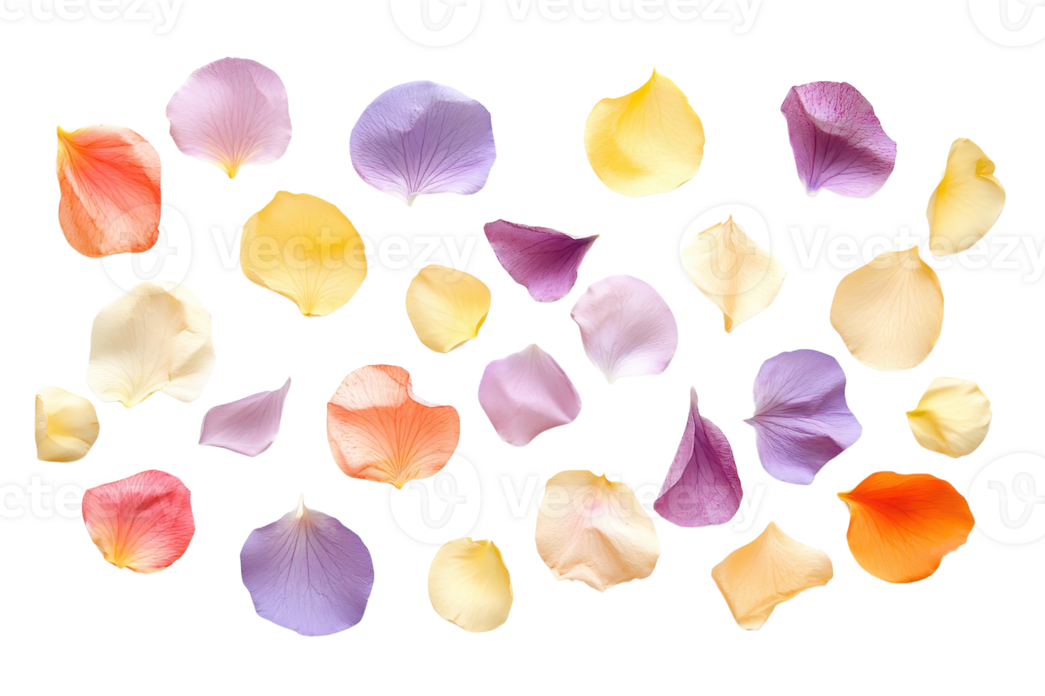 A vibrant array of assorted rose petals in various colors, scattered over a transparent background. ideal for romantic, floral, or artistic themes. png