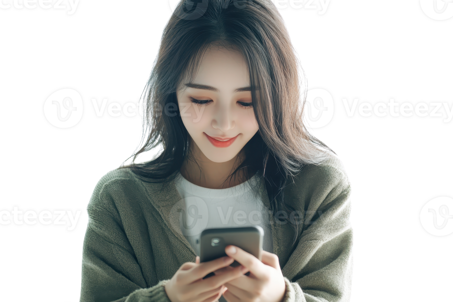 Young woman smiling while looking at her phone, wearing a green cardigan and white top, isolated on a transparent background. png