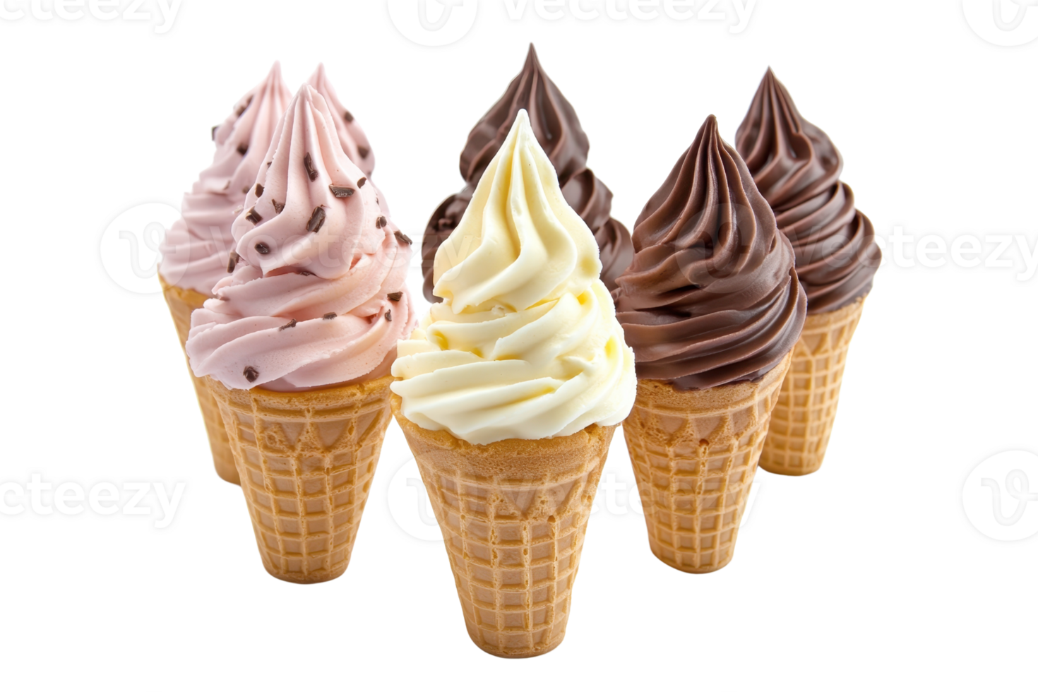 Delicious assortment of vanilla, chocolate, and strawberry ice cream cones with wafer cones arranged for a sweet treat delight. png