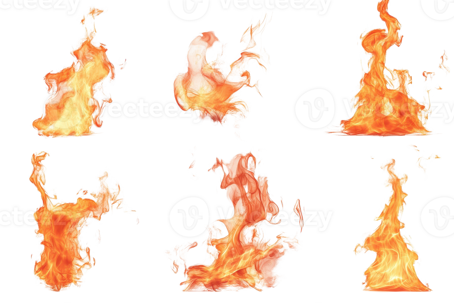 Collection of six isolated realistic fire flames on transparent background, perfect for design and illustration purposes png