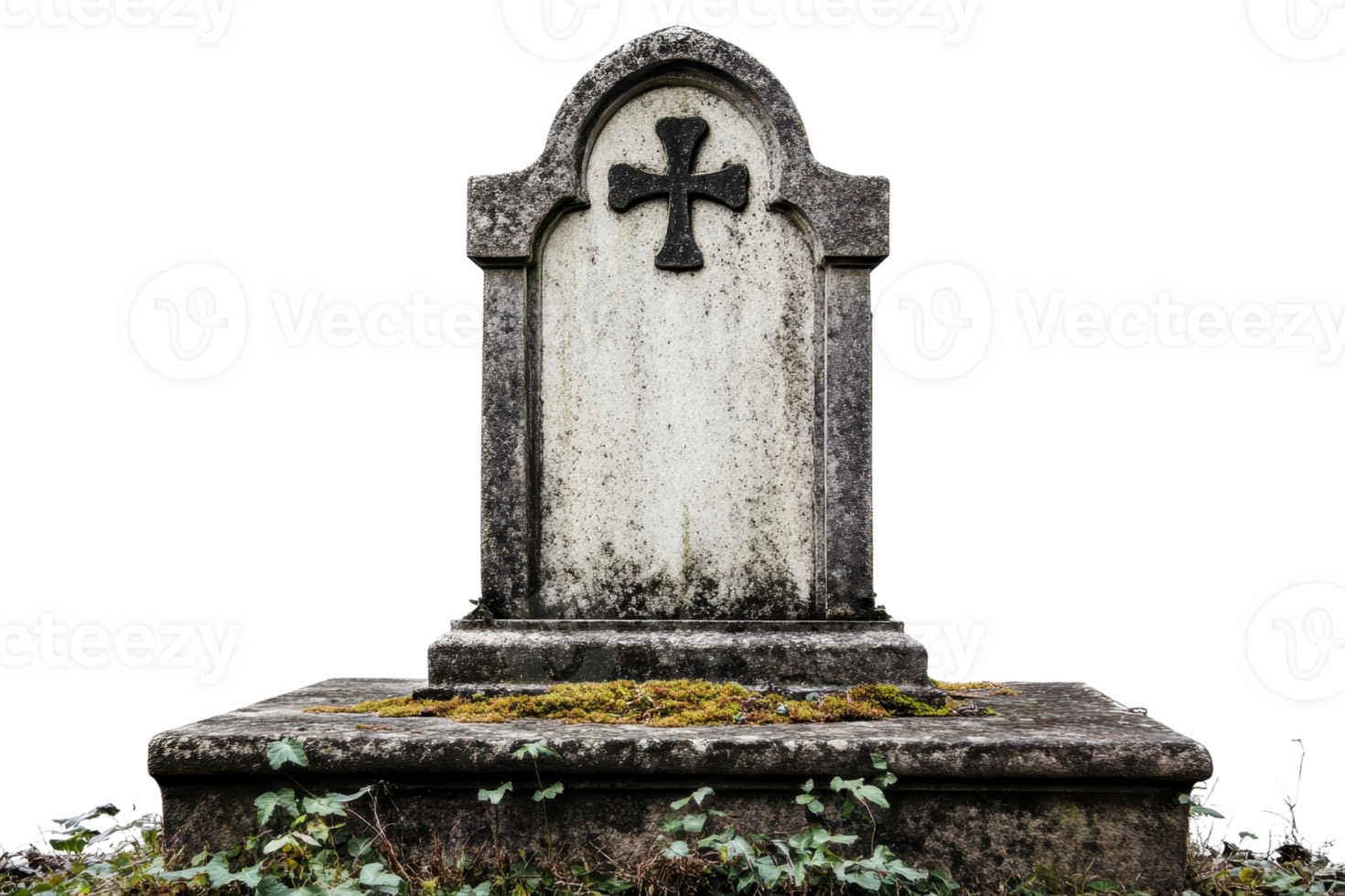 Old weathered gravestone with a cross, covered in moss and vines, symbolizing remembrance, history, and respect in a cemetery setting. png