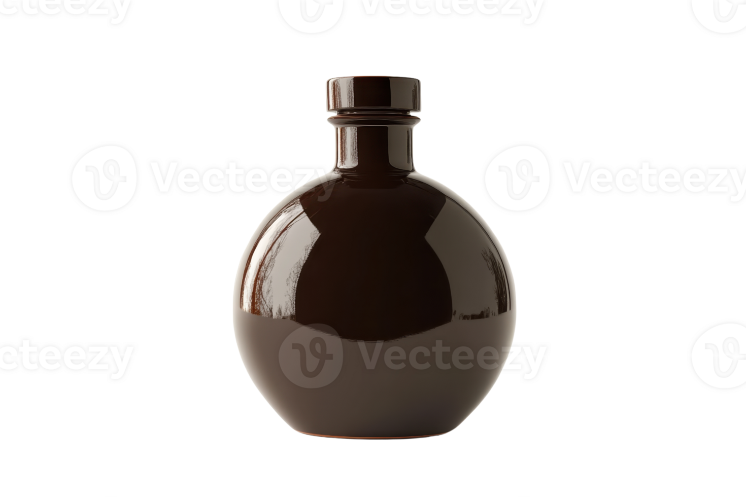 Elegant dark glass bottle with round shape and cork stopper, perfect for storing liquids or as a decorative piece in your home or kitchen. png