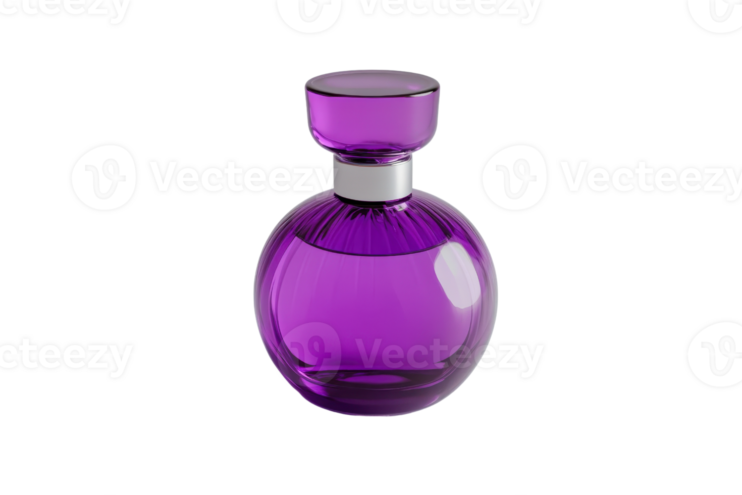 Elegant purple perfume bottle with a rounded design and a silver cap, perfect for fragrance branding, cosmetic products, and beauty ads. png