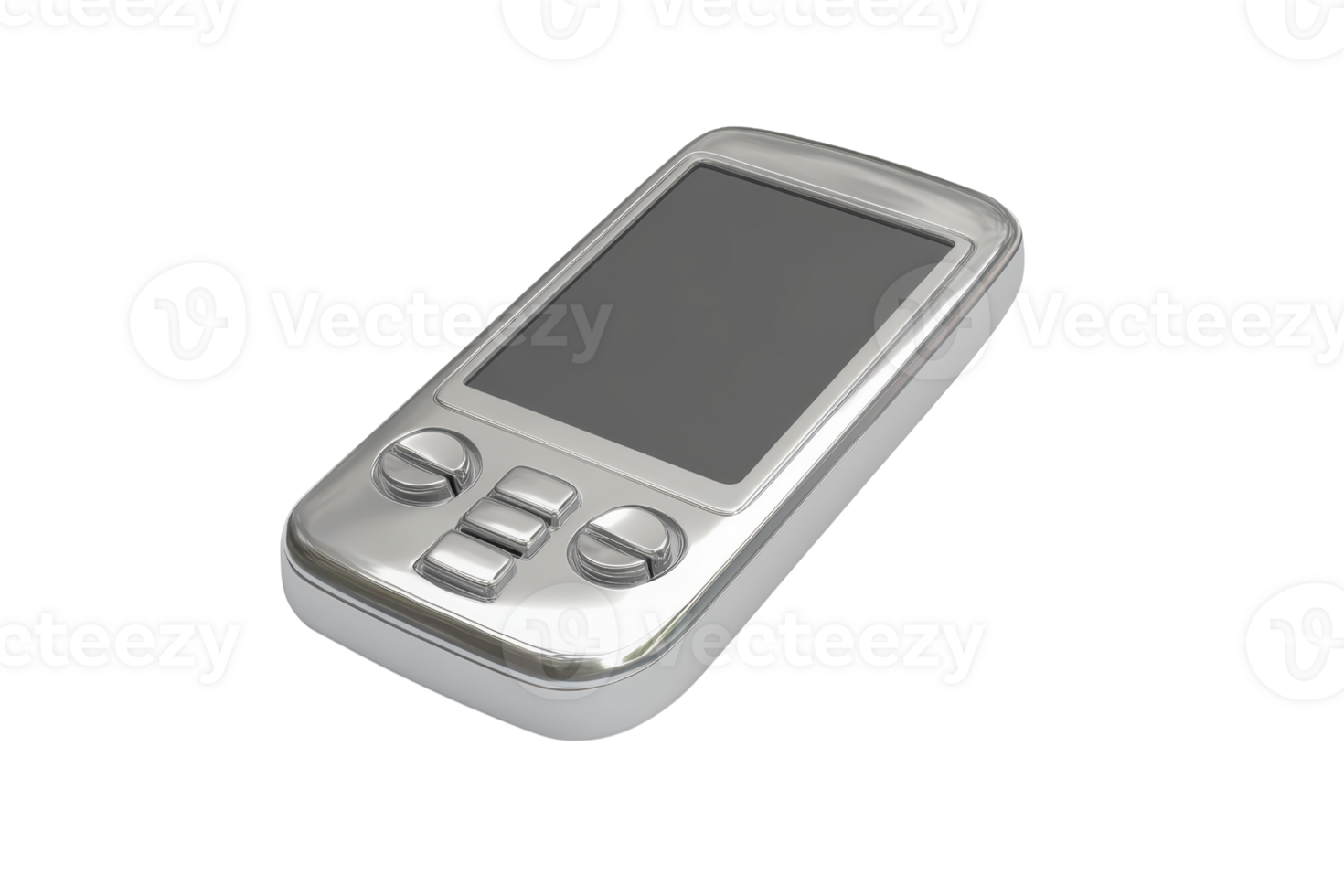 Isolated image of a silver handheld electronic device with buttons and a screen, representing early tech gadgets or portable gaming devices. png