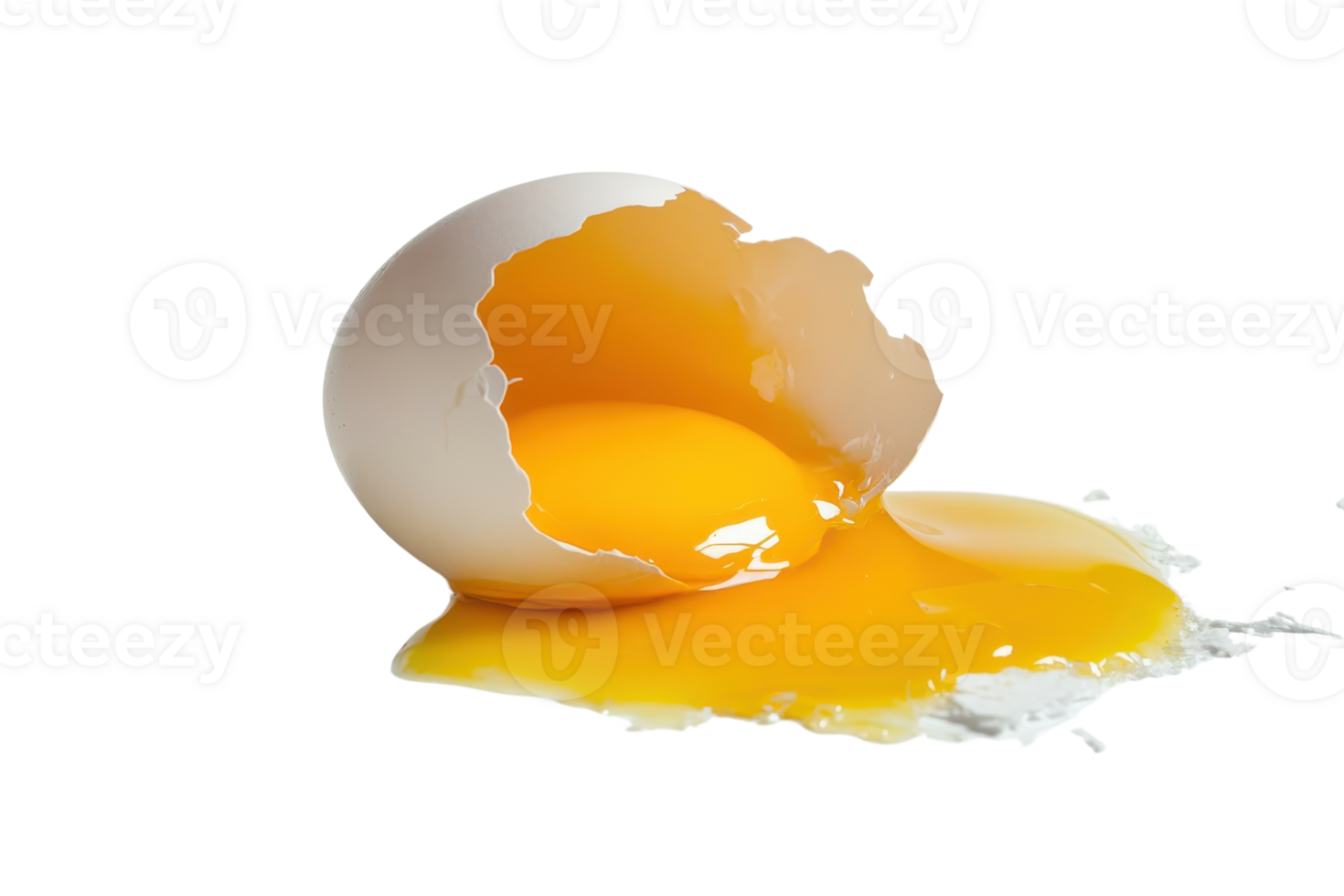 High-resolution image of a broken egg with yolk and egg white spilling out. Perfect for food and cooking themes. png