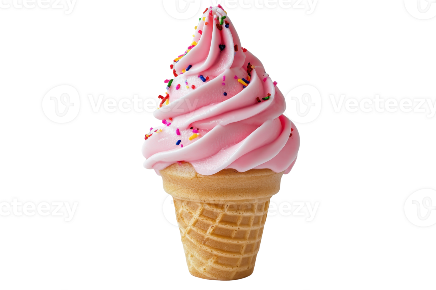 Delicious pink soft-serve ice cream cone with colorful sprinkles on a waffle cone, isolated on transparent background. perfect for desserts and summer treats. png
