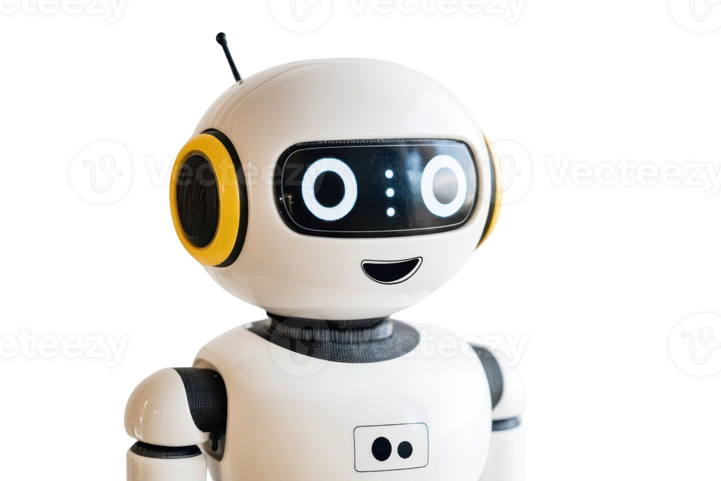 Cute white robot with digital face, smiling and looking cheerful. Modern technology and artificial intelligence concept. png