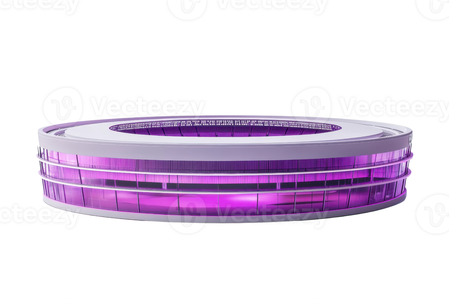 Futuristic circular building with purple tinted glass facade, isolated on white, ideal for architectural design concepts and modern cityscapes. png