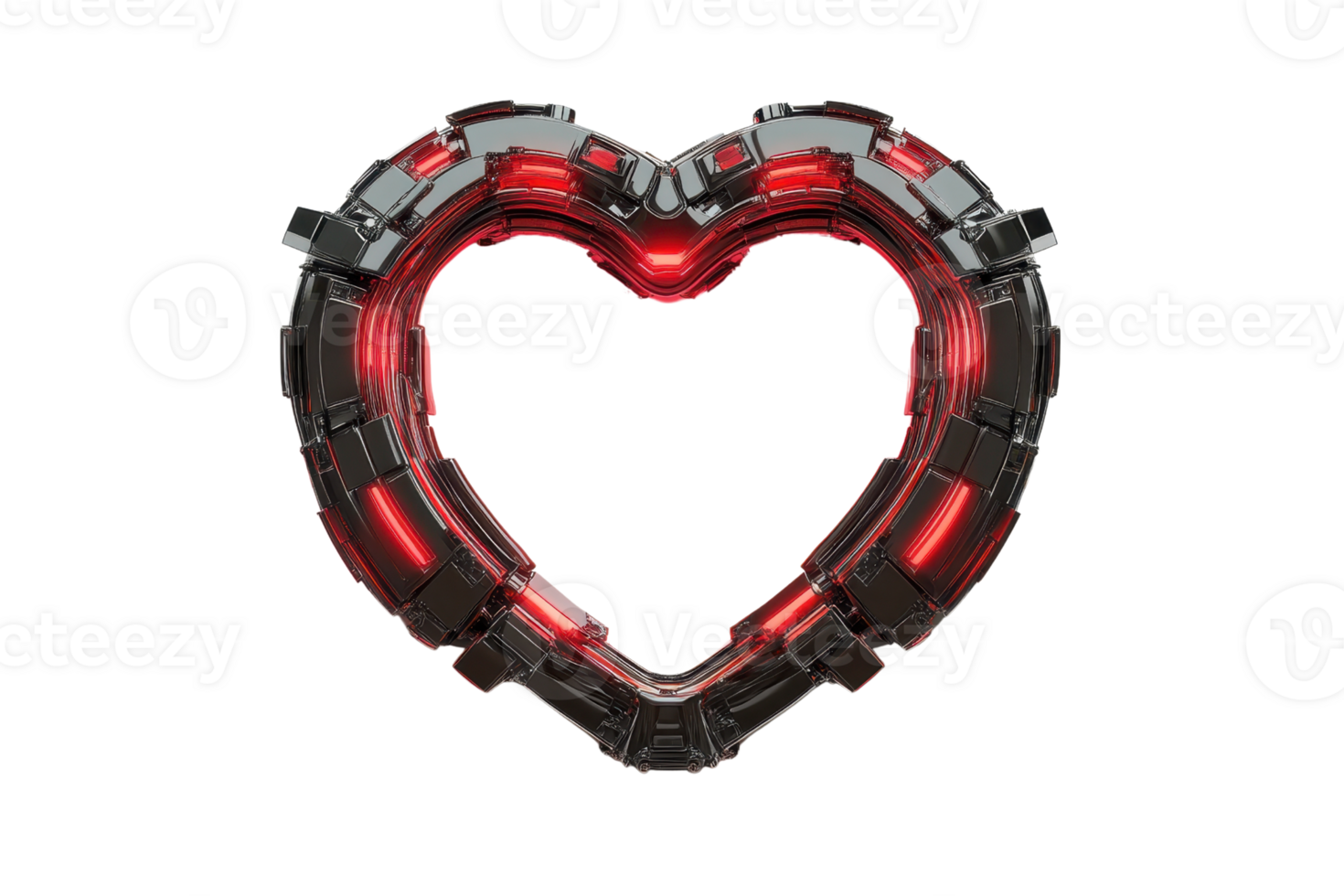 Futuristic heart shape with glowing red lights and black metallic elements, representing technology and modern design in a unique style. png