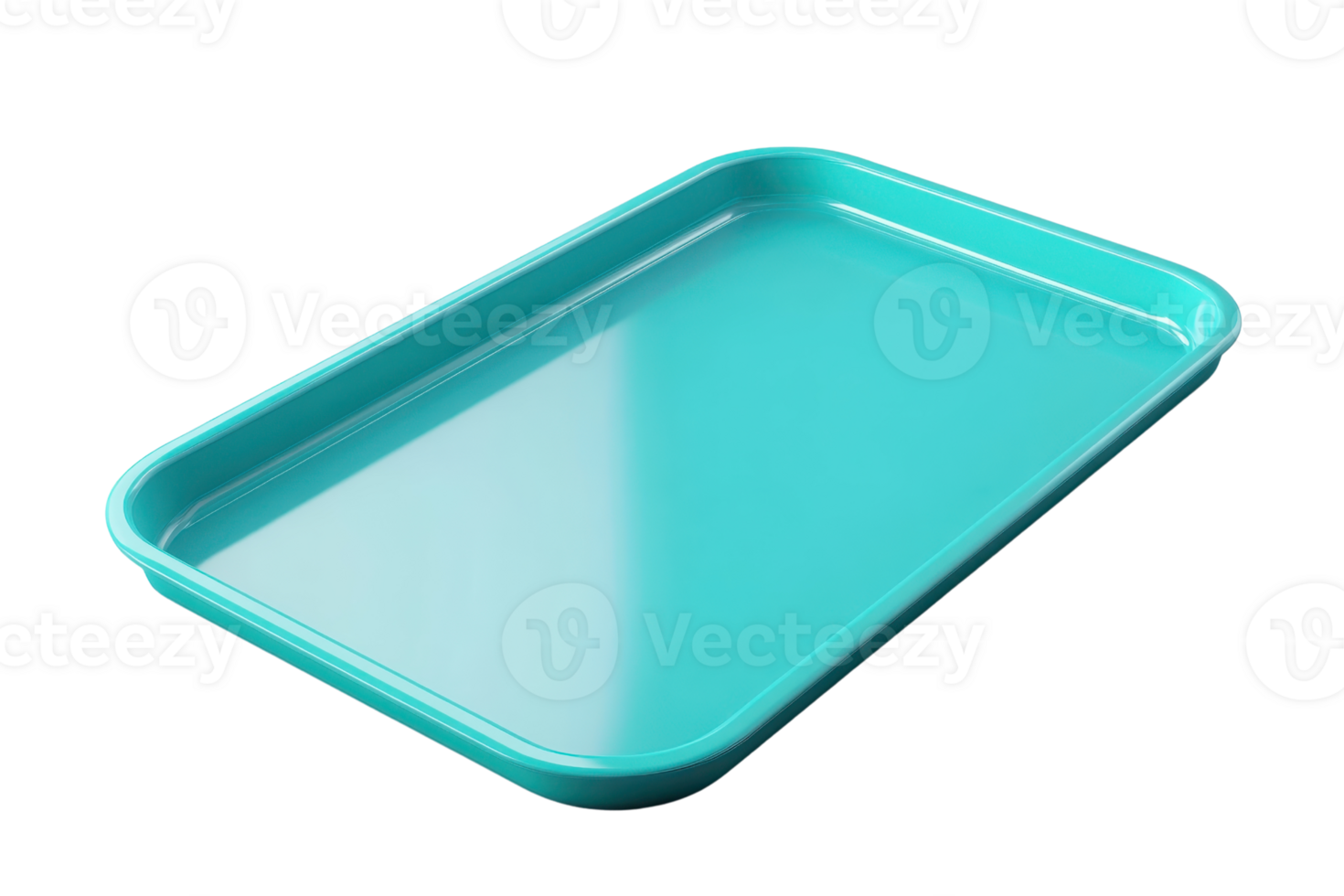 Empty blue-green rectangular plastic tray with smooth surface and raised edges, isolated on transparent background. png