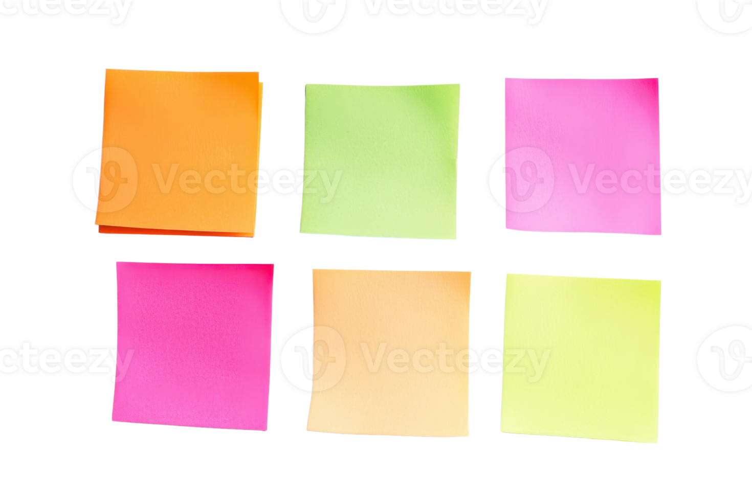 Colorful sticky notes, organized in two rows. Ideal for reminders, messages, and organization in office settings. png