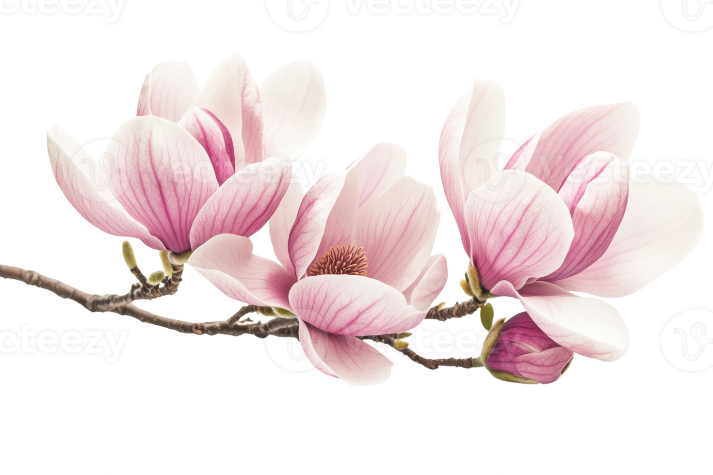 Close-up of elegant pink magnolia flowers on a branch isolated on a transparent background. symbolizing beauty and nature. png