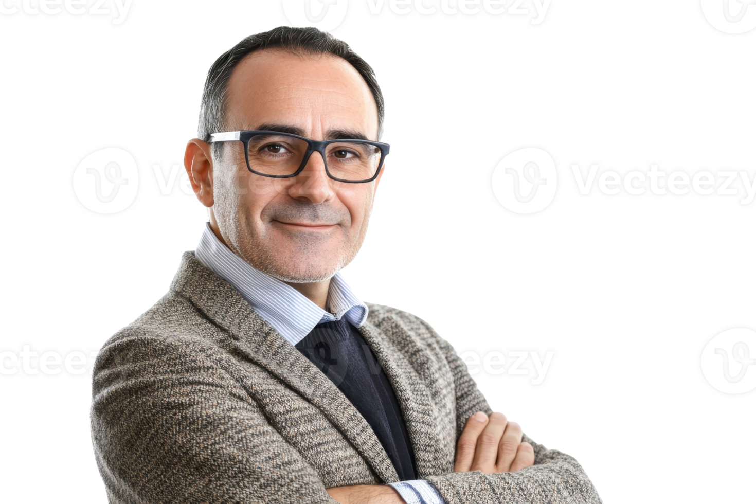 Confident middle-aged man with glasses, wearing a blazer, standing with arms crossed and smiling. png