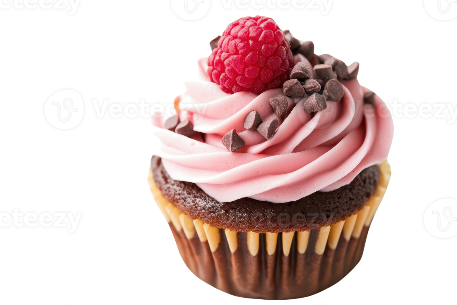 Delicious chocolate cupcake topped with pink frosting, fresh raspberry, and chocolate chips. Perfect for dessert lovers. png