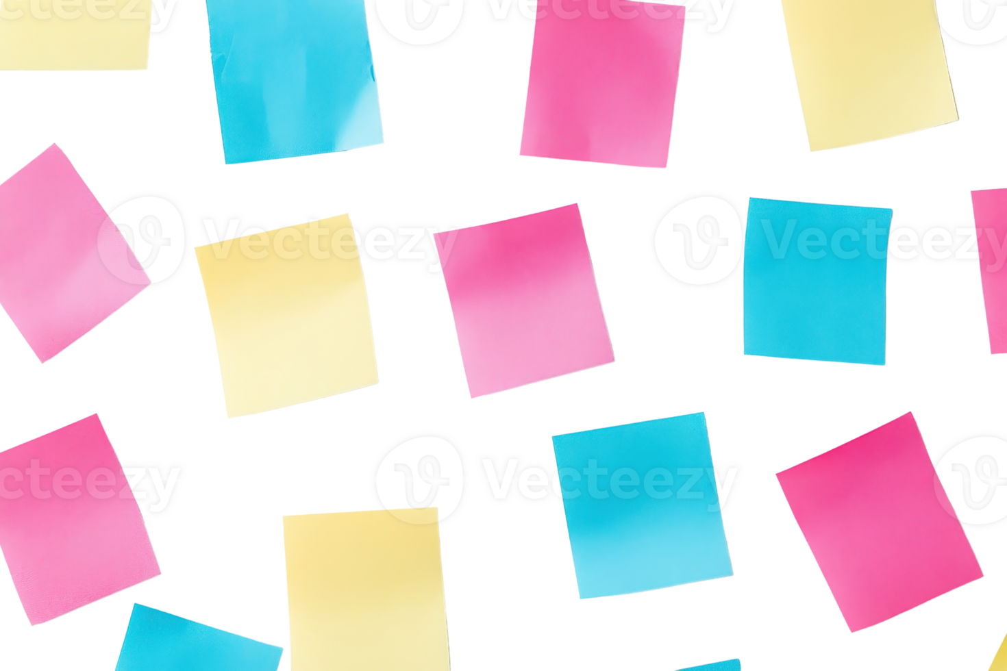 Colorful sticky notes scattered on a transparent background. Vibrant blue, pink, and yellow paper creating a playful and organized workspace. png