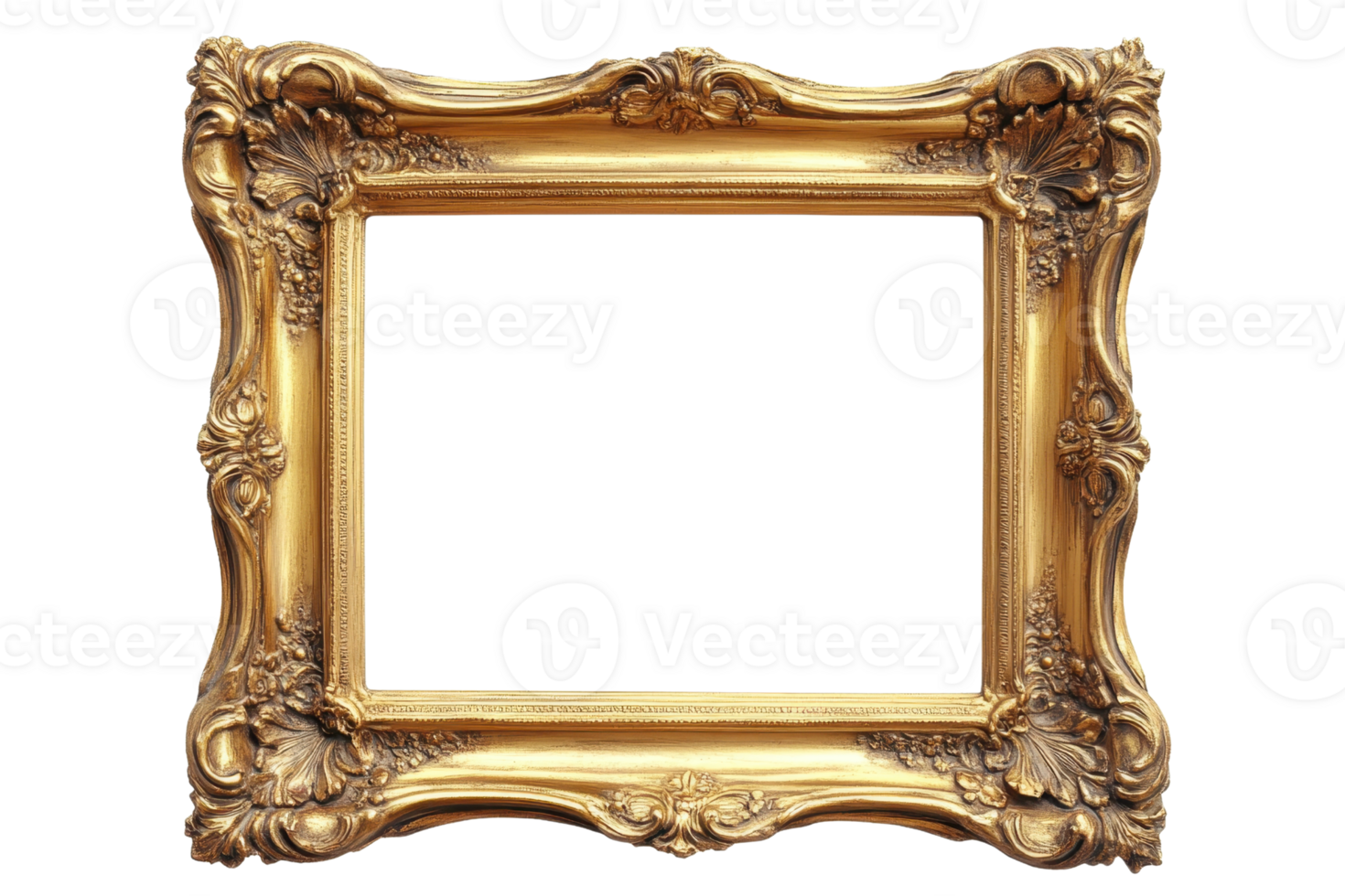 Elegantly crafted empty gold frame with intricate details, ideal for art or photo display, isolated on transparent background. png