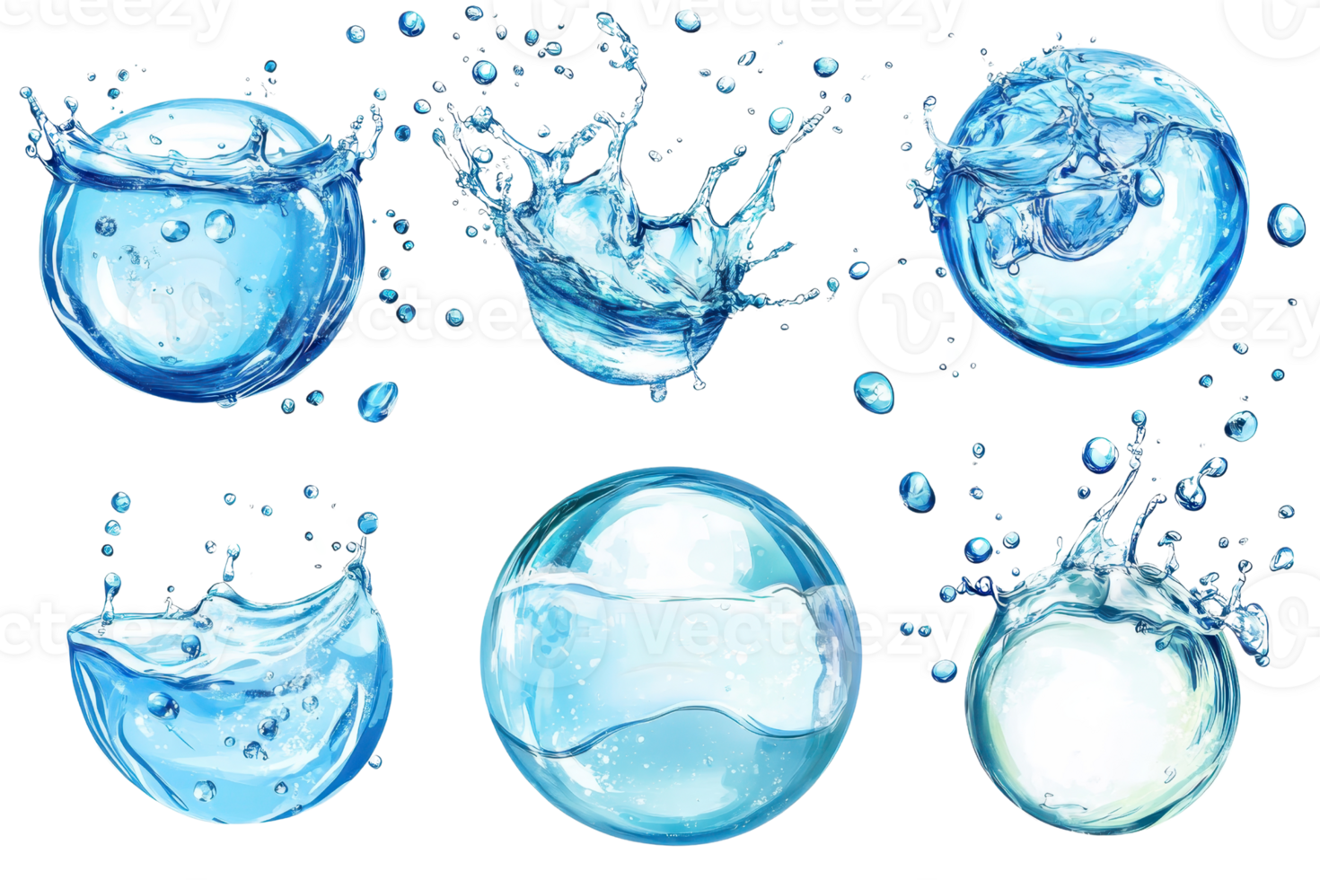 Collection of water splash bubbles on a transparent background, capturing dynamic movement and crystal-clear droplets. png
