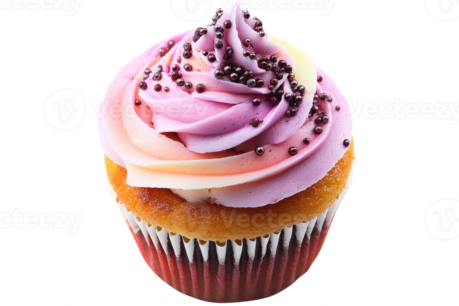 Delicious vanilla cupcake with pink and purple frosting swirl, topped with chocolate sprinkles, isolated on a transparent background. png