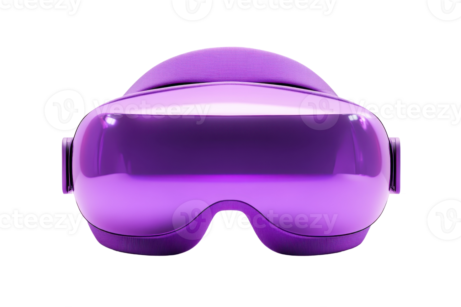Futuristic purple virtual reality headset goggles isolated on transparent background. Modern VR technology device for immersive gaming and experiences. png