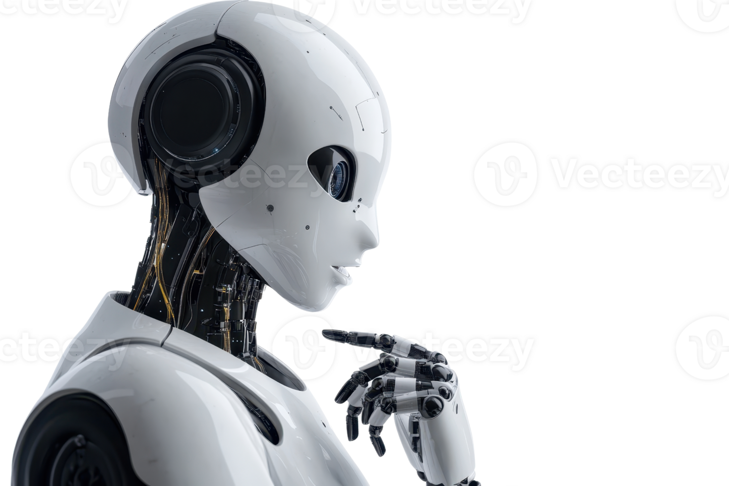 trogen vit humanoid robot tänkande med hand på haka, visa upp Avancerad teknologi och artificiell intelligens. png