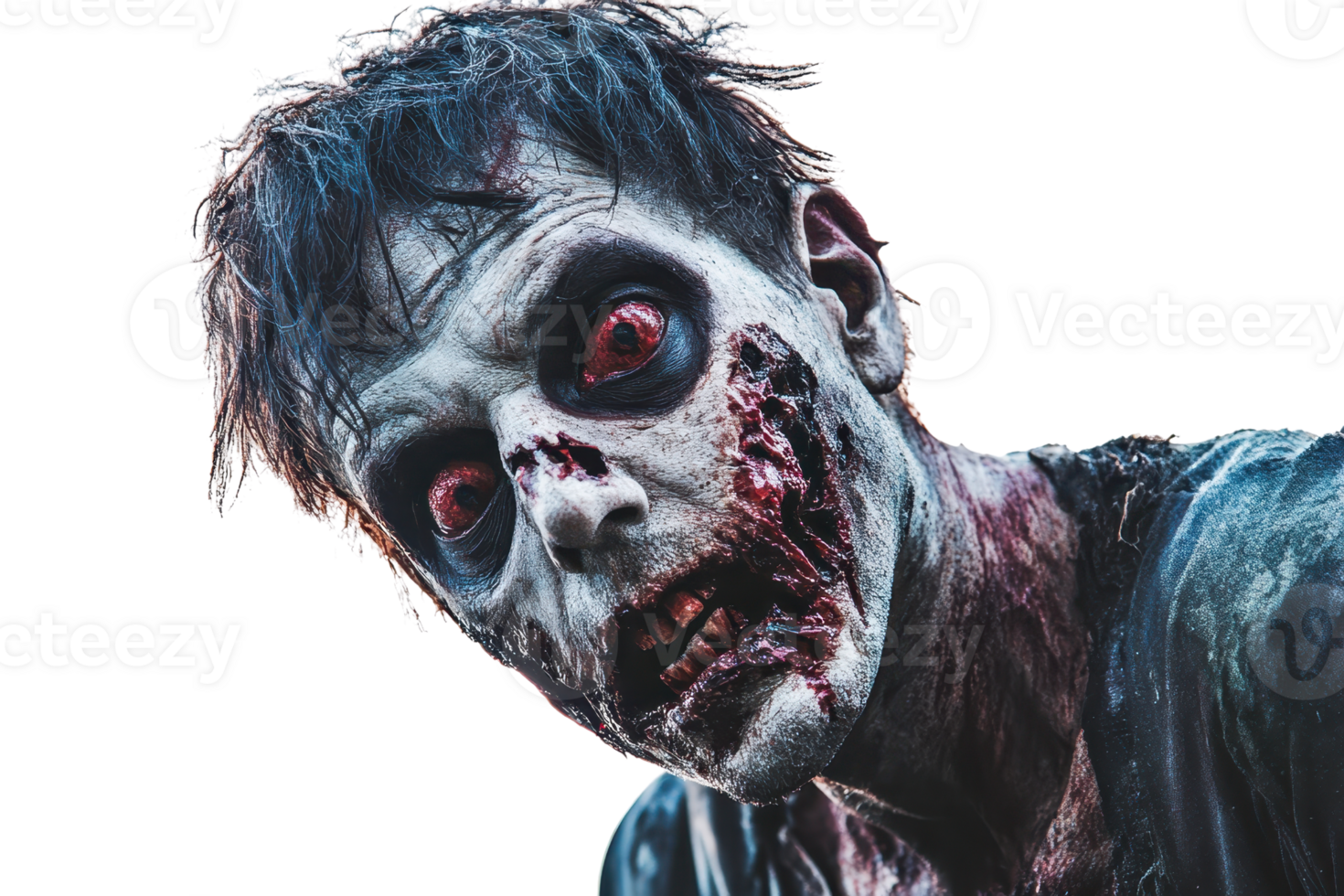 Close-up of a scary zombie with decayed skin, bloodied mouth, and eerie eyes. Perfect for horror, Halloween, and spooky themes. png