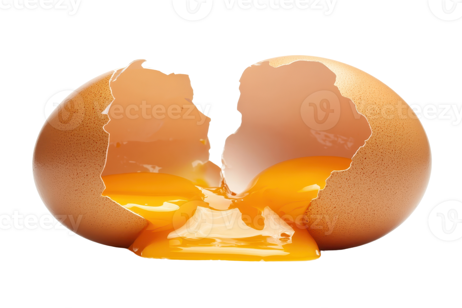 Close-up of a cracked brown egg with golden yolk oozing out. Perfect for culinary, breakfast, and food-related themes in stock photography. png