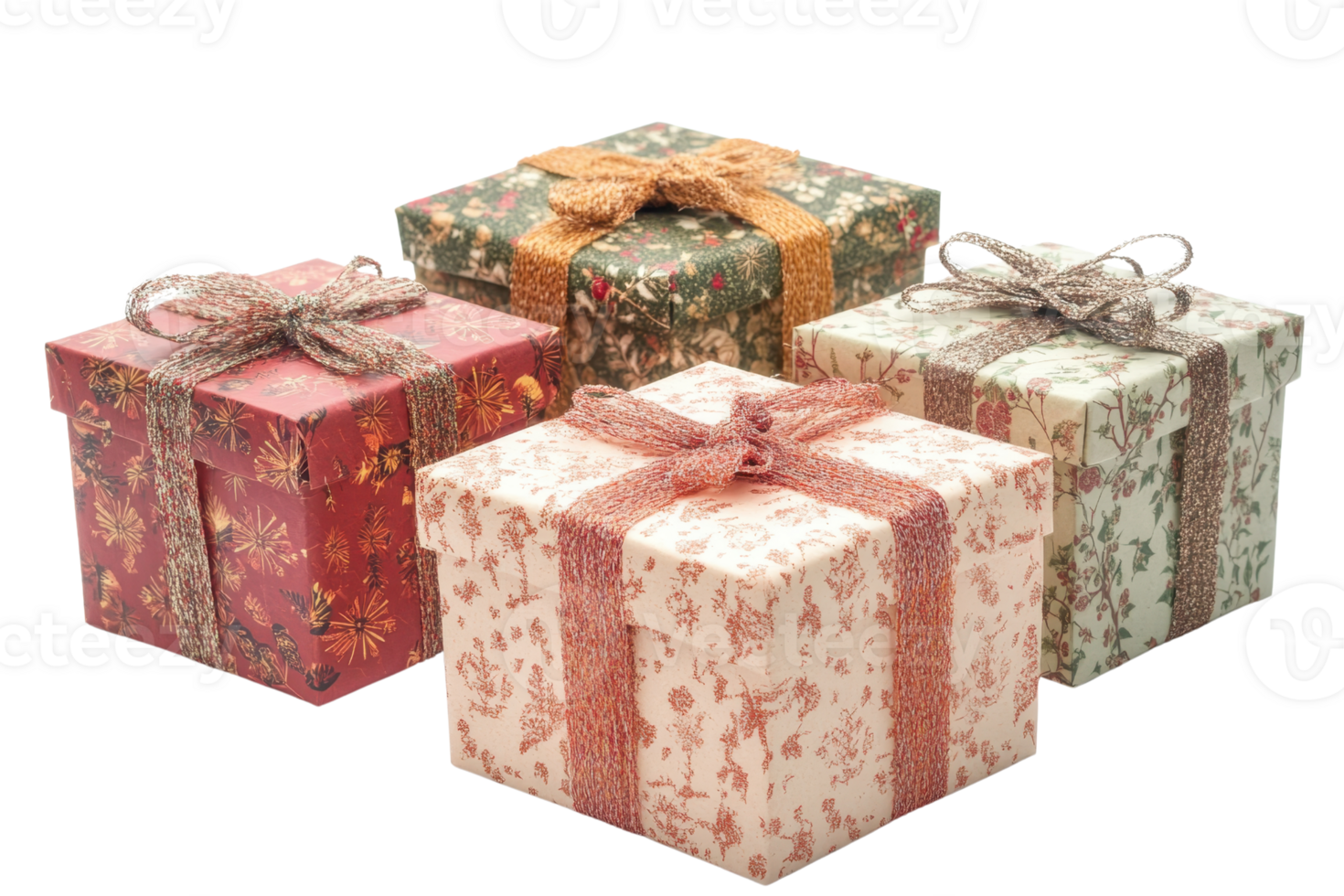 Four beautifully wrapped gift boxes in floral paper with ribbon bows, perfect for celebrations and special occasions. png