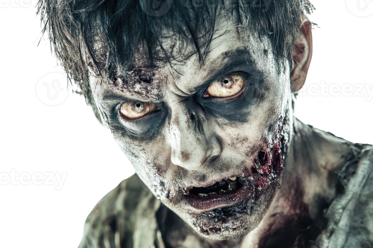 Close-up of a creepy zombie with decayed flesh, intense eyes, and grotesque features, perfect for horror or Halloween themes. png