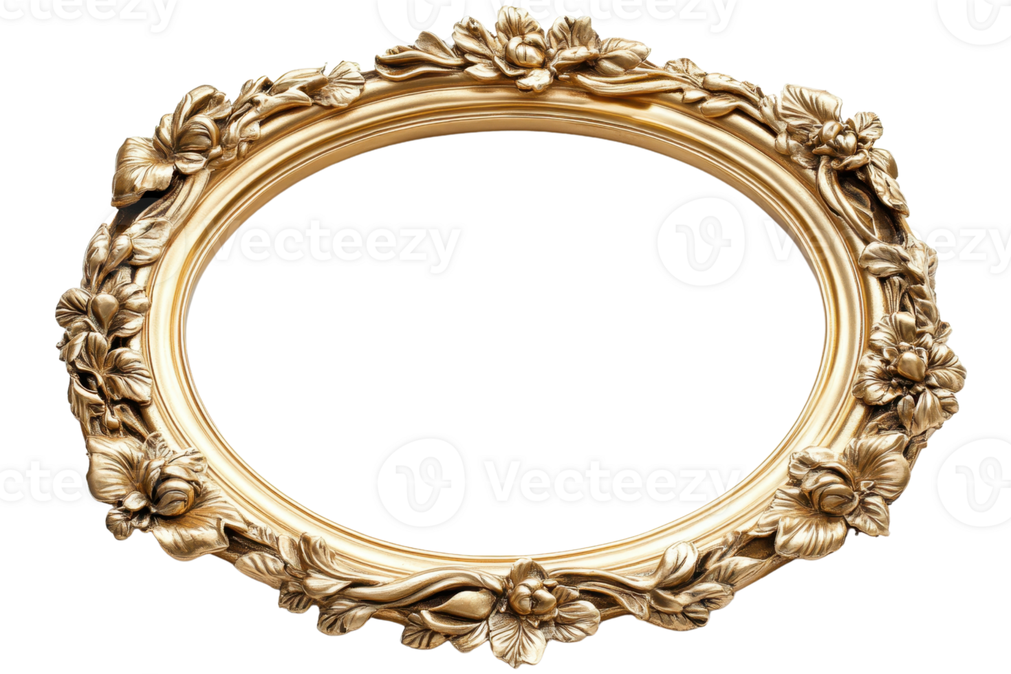 Elegant oval gold picture frame with ornate floral design and intricate detail, isolated on transparent background. png