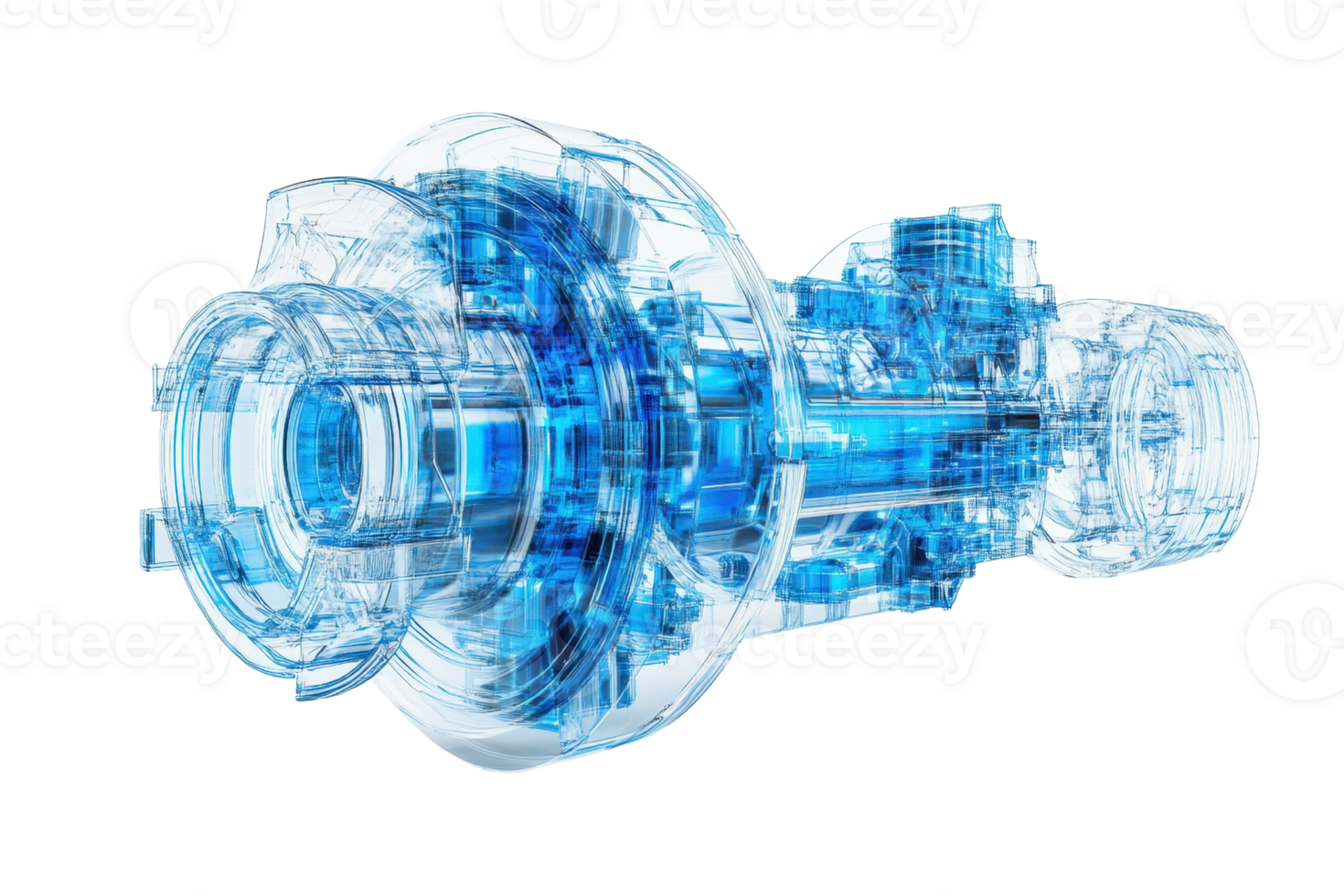 Futuristic transparent technical illustration of an industrial mechanical component with blue highlights on a transparent background. png