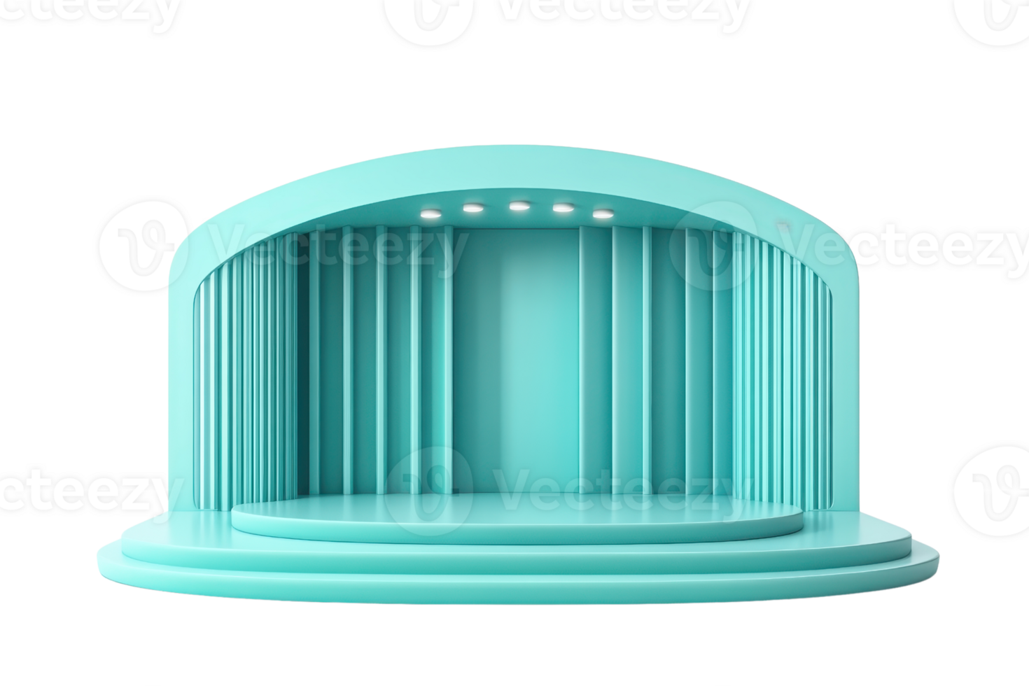 Minimalist turquoise exhibition stand with a unique arch design, perfect for product displays and presentations. png