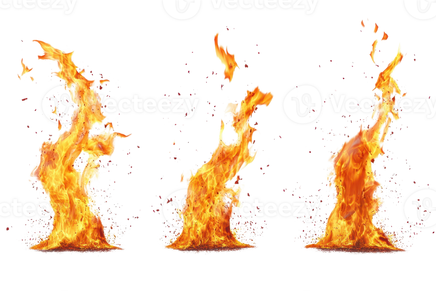 High-resolution image of three isolated flames against a transparent background. perfect for design and artistic compositions. png