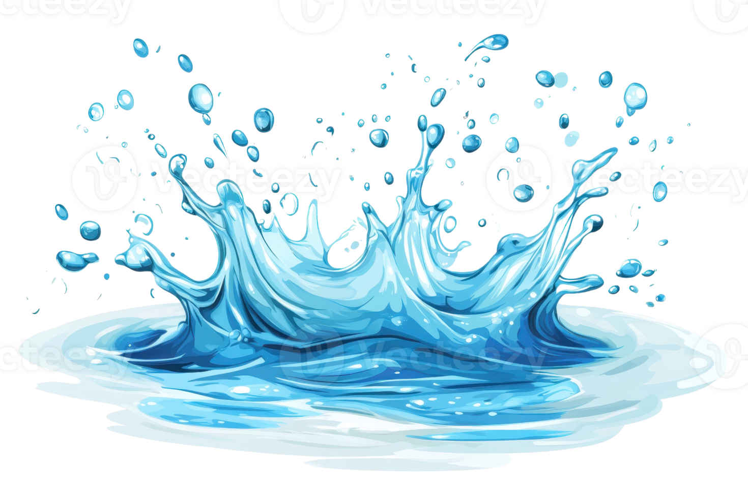 Illustration of a vibrant water splash showcasing detailed droplets in motion, creating a dynamic visual effect against a clean transparent background. png