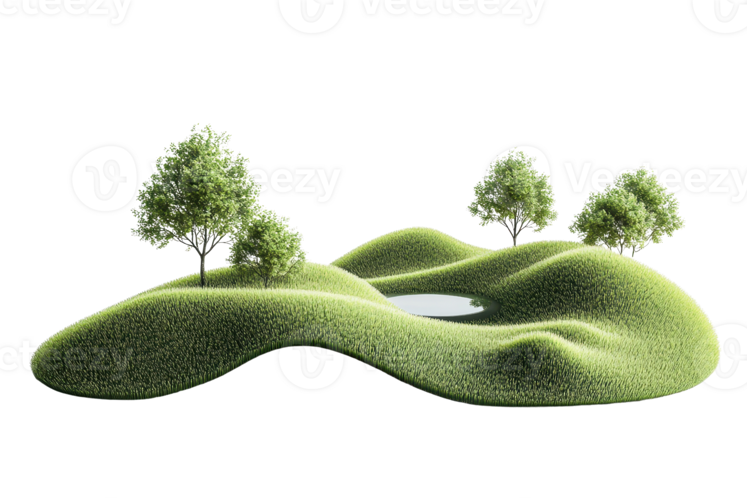Isolated 3D rendering of a small grassy landscape with trees and a pond, perfect for nature and scenery concept designs. png