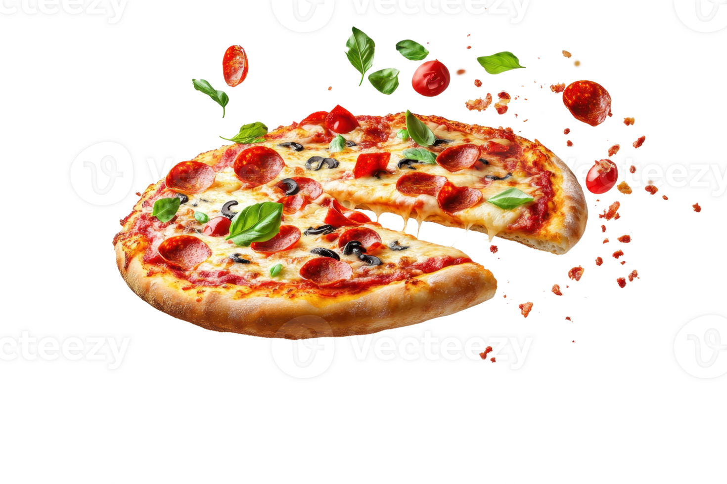Delicious pepperoni pizza with fresh basil leaves and tomato slices against a clear background, perfect for food advertisements and menus. png