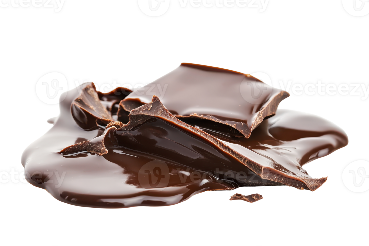 Melted dark chocolate pieces forming a delicious puddle of rich, smooth, and creamy chocolate goodness, perfect for desserts and confectionery. png