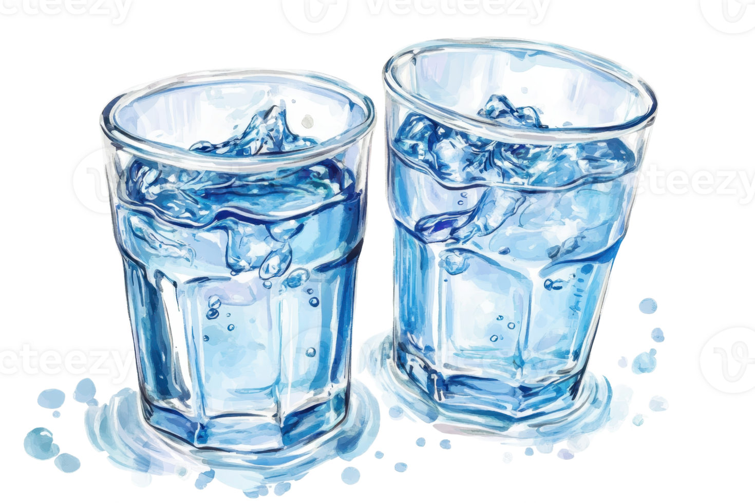 Illustration of two glasses filled with fresh cold water and ice cubes, capturing hydration and refreshment in clear, artistic detail. png