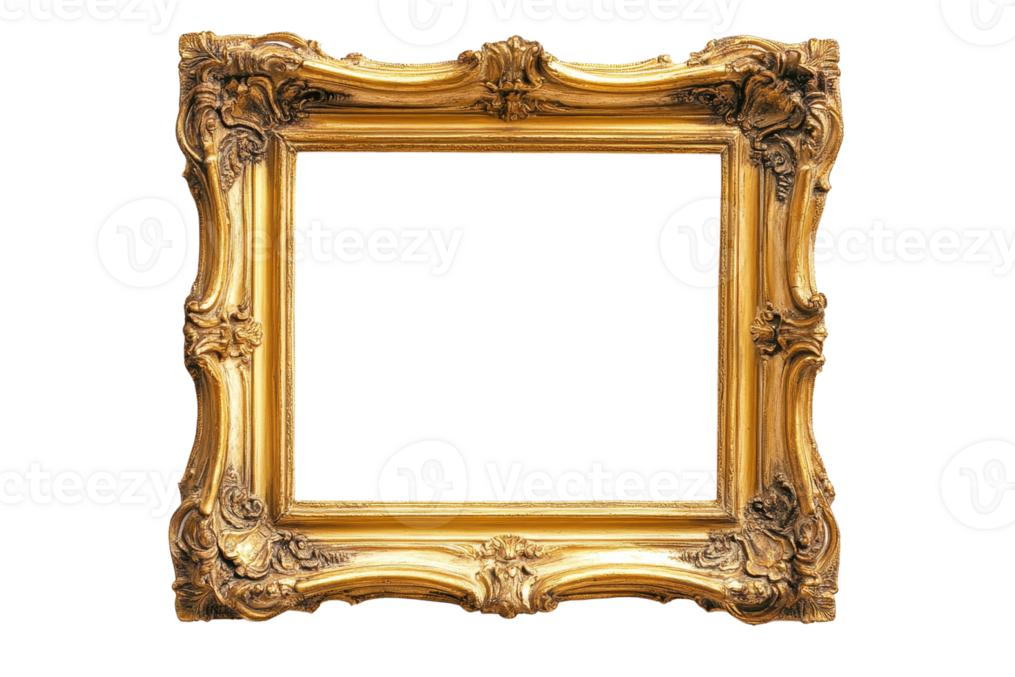 Elegant, vintage-style gold picture frame with ornate detailing, isolated on a transparent background. Perfect for artwork, photography, and design projects. png