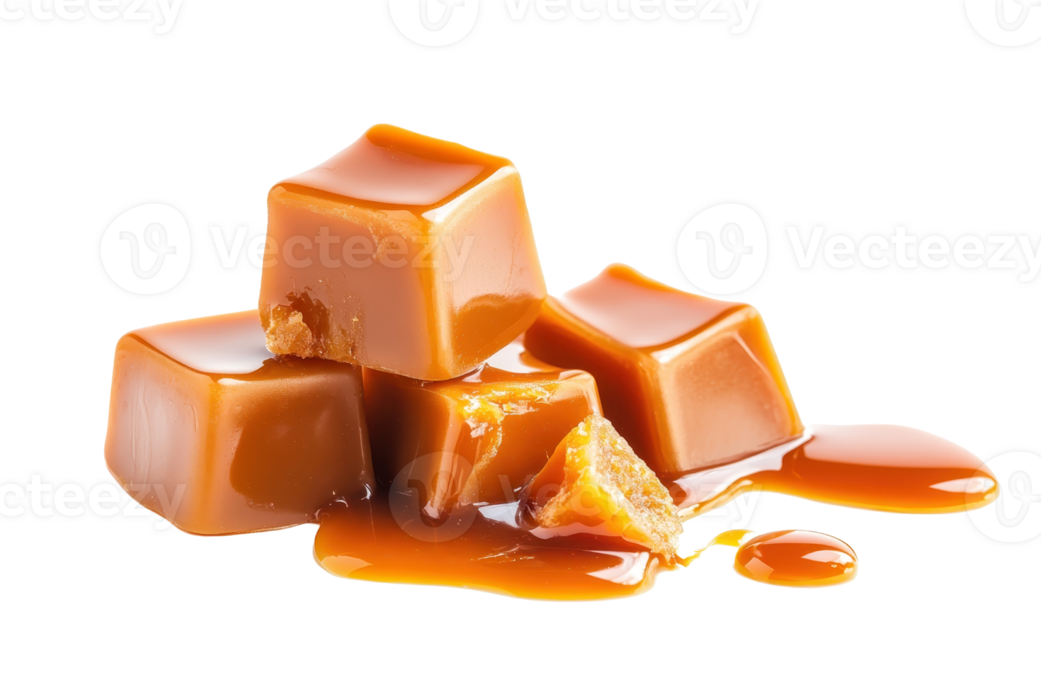 Close-up of delicious caramel cubes with dripping caramel sauce, highlighting their rich and indulgent texture. Perfect for confectionery themes. png