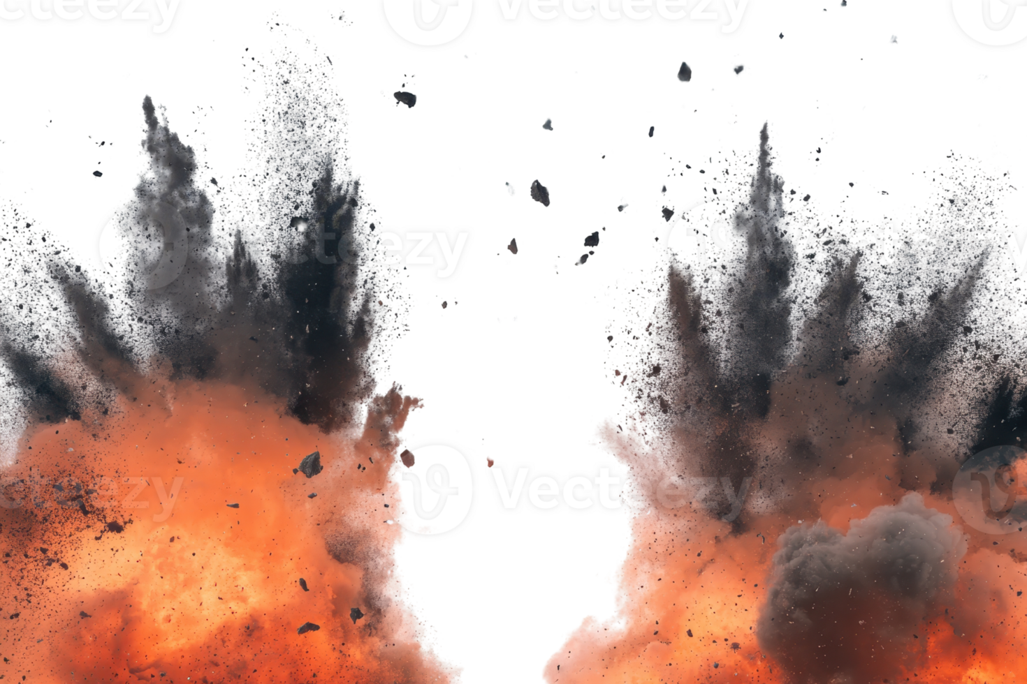 Fiery explosion with dark smoke against a transparent background. Perfect for action scenes, special effects, and graphic design projects. png