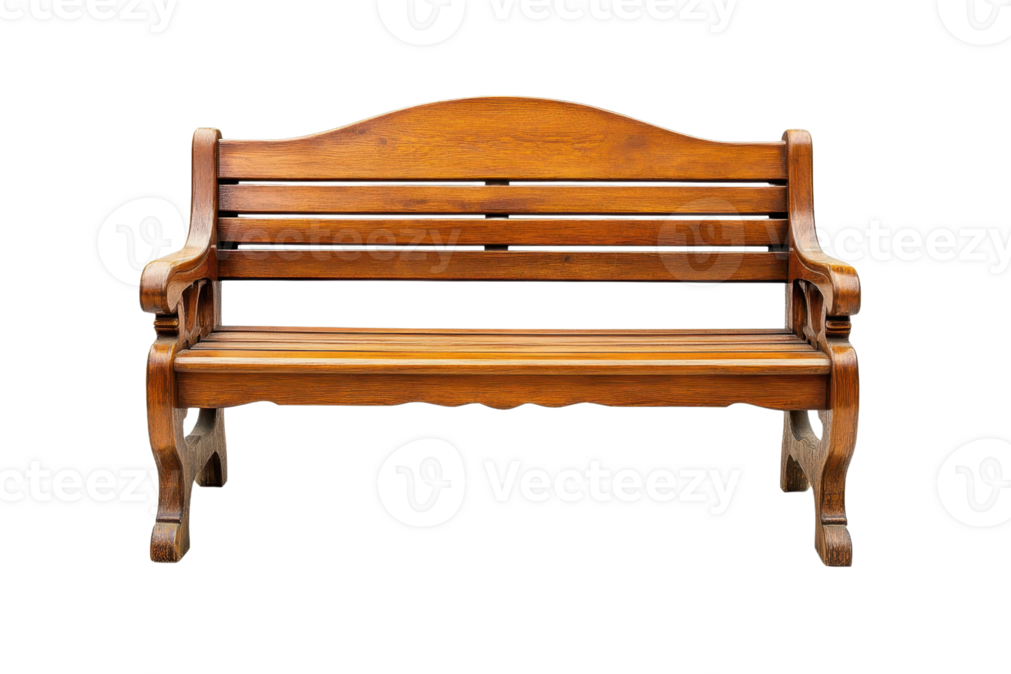 Classic wooden bench with armrests and curved backrest, perfect for outdoor or indoor seating, showcasing a natural polished wooden finish. png