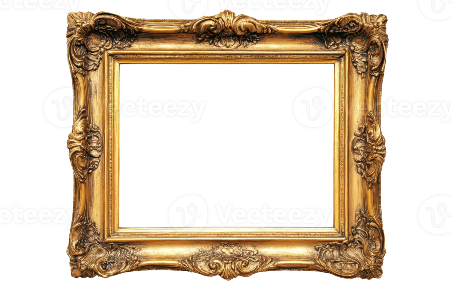 Elegant golden ornate picture frame with intricate carvings, perfect for showcasing art or photography in a classic and sophisticated style. png