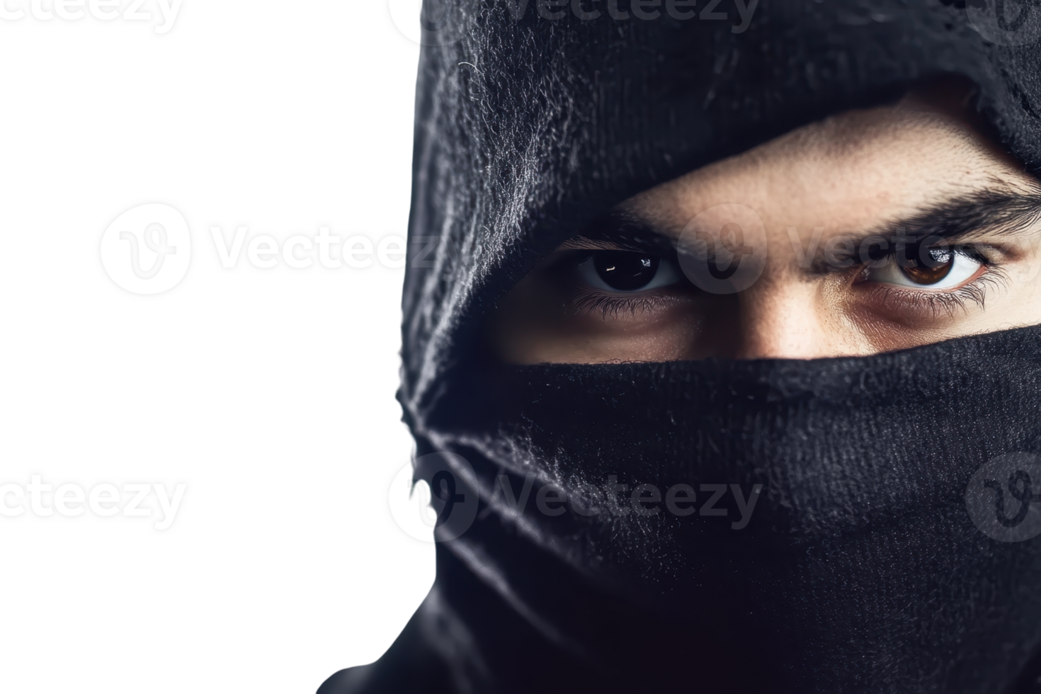 Close-up of a mysterious person with intense eyes covered by a black cloth, conveying secrecy and intrigue against a dark background. png