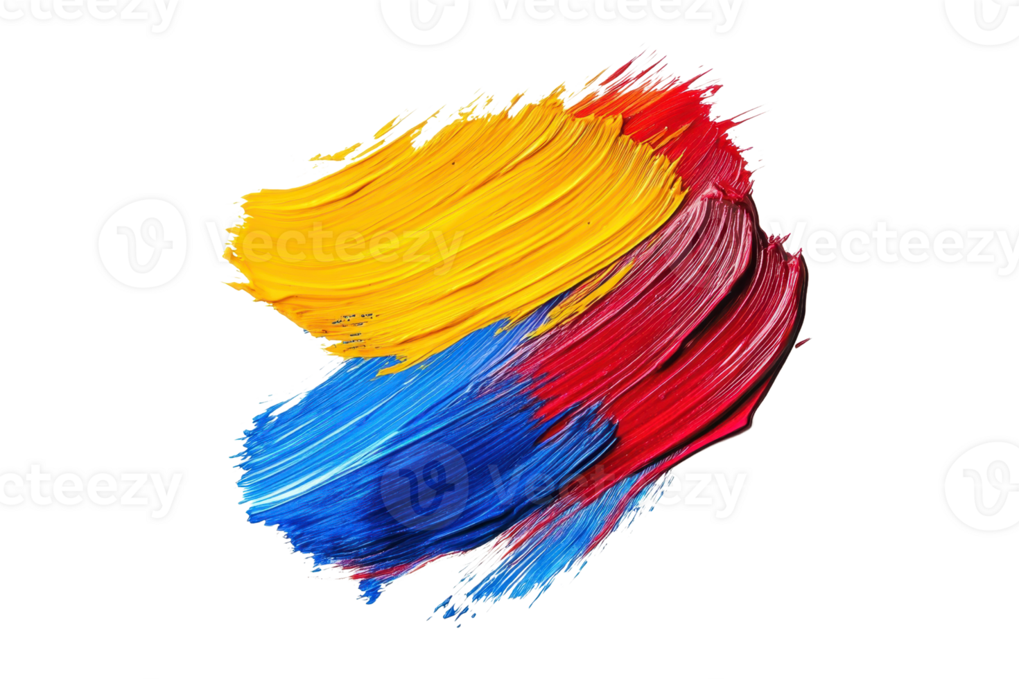 Dynamic brush strokes in vibrant red, yellow, and blue colors creating an abstract artistic composition on a transparent background. png