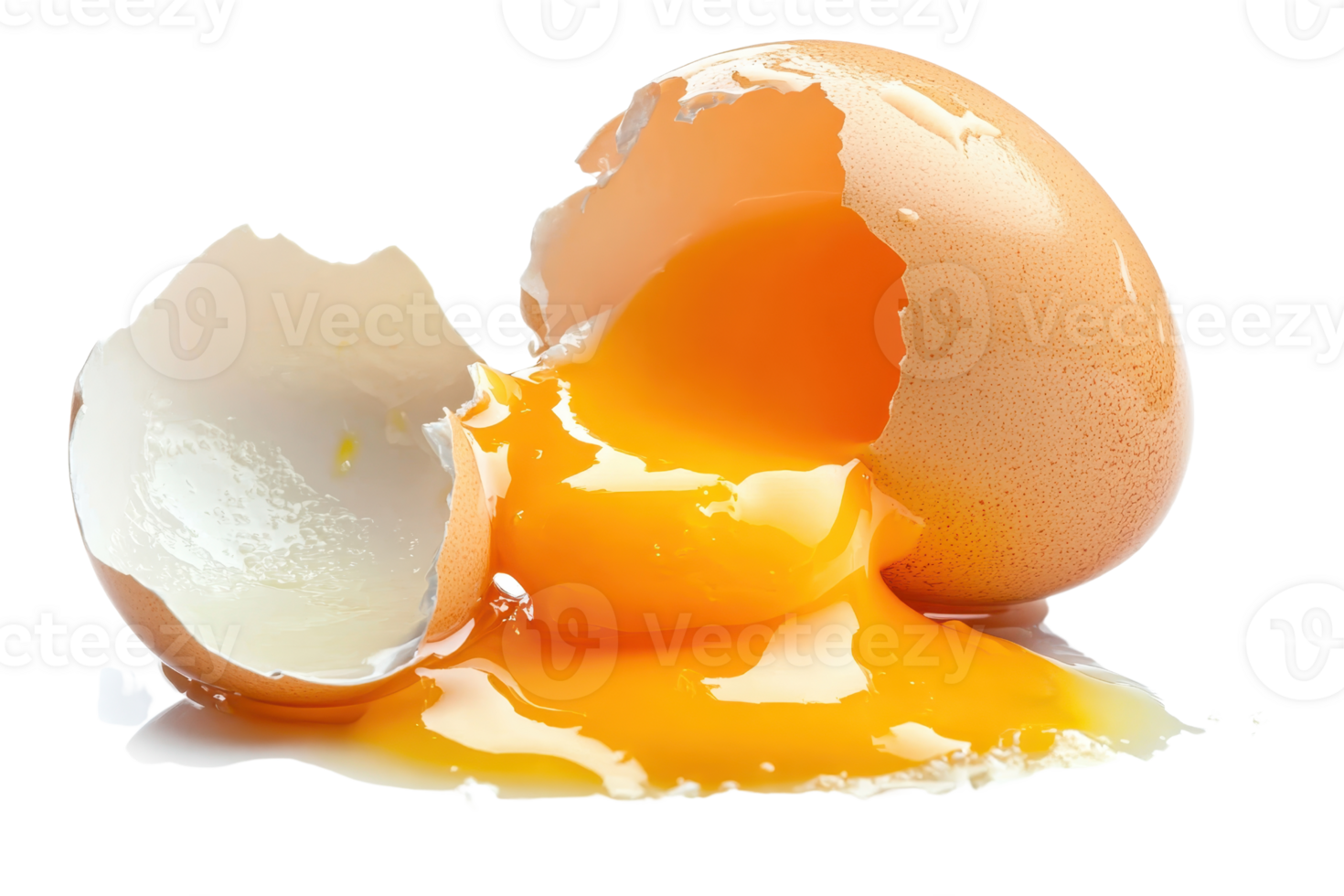 Close-up of a broken egg with yolk and egg white spilling out. Perfect for culinary, cooking, and food-related concepts. png